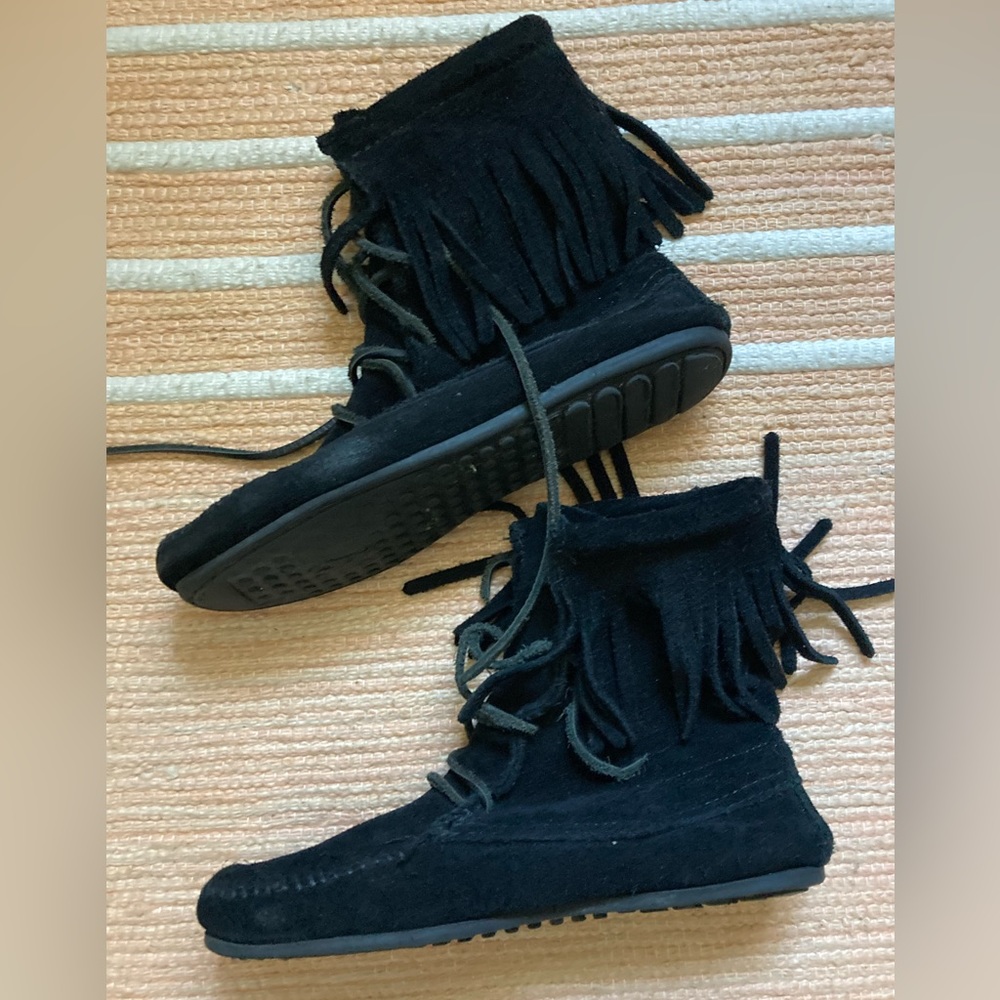 Minnetonka Black Fringe Moccasins
